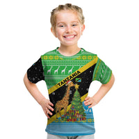 Tanzania Christmas Kid T Shirt with Giraffe Christmas Tree Snowflakes and Flag - Wonder Print Shop