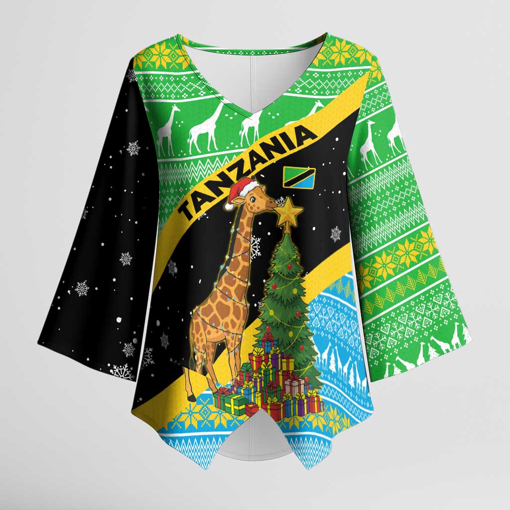 Tanzania Christmas Kimono Sleeve Blouse with Giraffe Christmas Tree Snowflakes and Flag - Wonder Print Shop