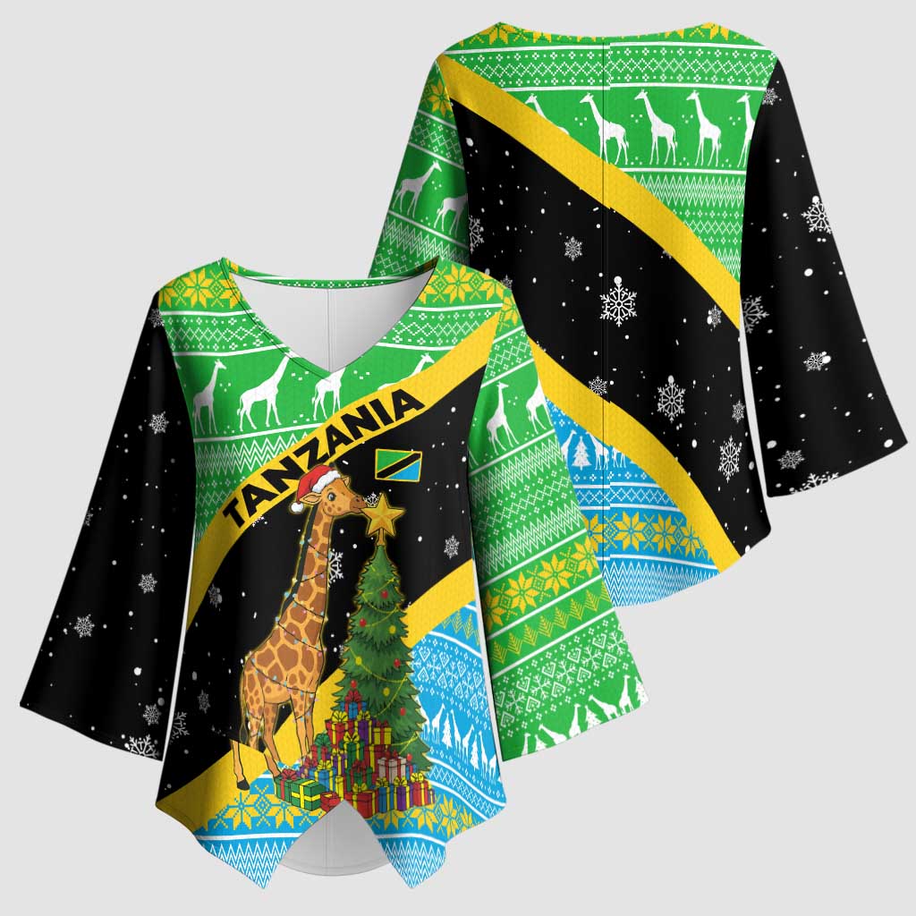 Tanzania Christmas Kimono Sleeve Blouse with Giraffe Christmas Tree Snowflakes and Flag - Wonder Print Shop