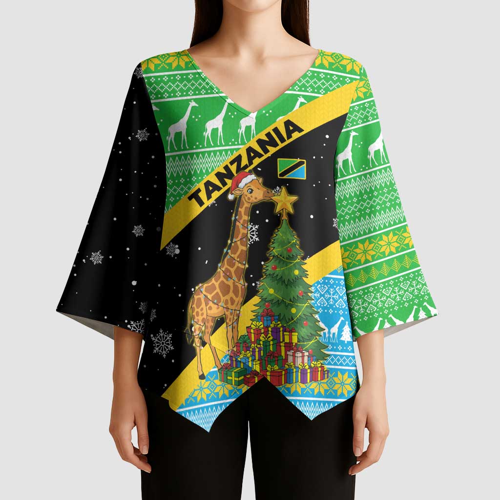 Tanzania Christmas Kimono Sleeve Blouse with Giraffe Christmas Tree Snowflakes and Flag - Wonder Print Shop