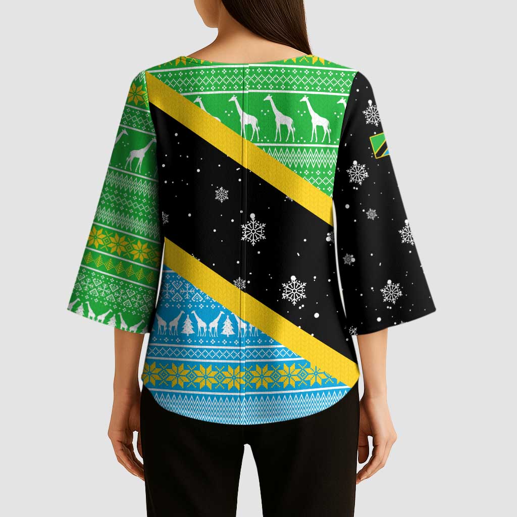 Tanzania Christmas Kimono Sleeve Blouse with Giraffe Christmas Tree Snowflakes and Flag - Wonder Print Shop