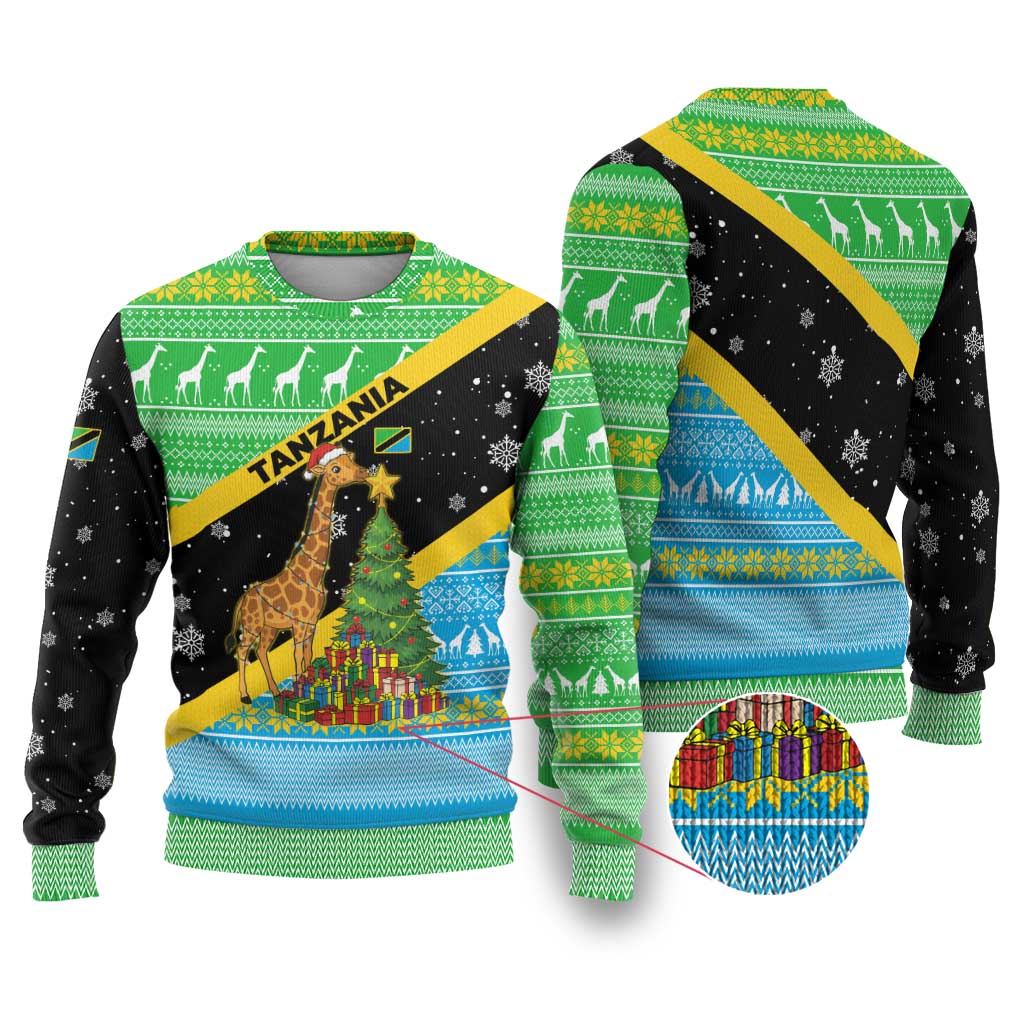 Tanzania Christmas Ugly Christmas Sweater with Giraffe Christmas Tree Snowflakes and Flag - Wonder Print Shop