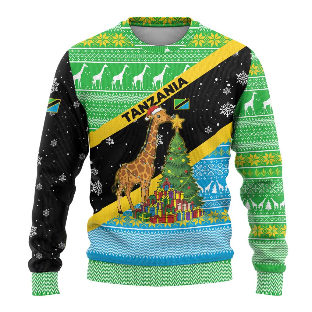 Tanzania Christmas Ugly Christmas Sweater with Giraffe Christmas Tree Snowflakes and Flag - Wonder Print Shop