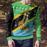 Tanzania Christmas Ugly Christmas Sweater with Giraffe Christmas Tree Snowflakes and Flag - Wonder Print Shop