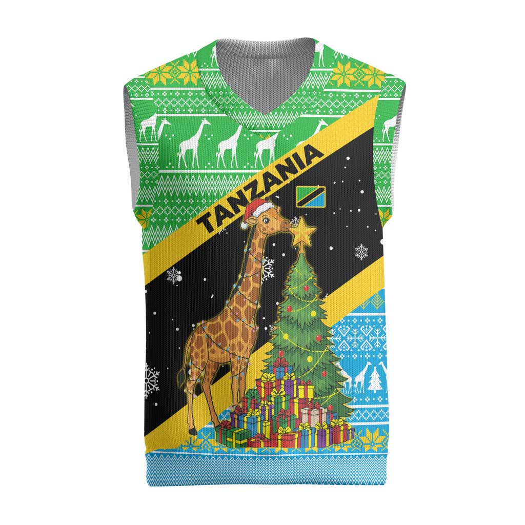 Tanzania Christmas Knitted V-Neck Vest with Giraffe Christmas Tree Snowflakes and Flag - Wonder Print Shop