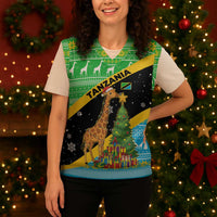 Tanzania Christmas Knitted V-Neck Vest with Giraffe Christmas Tree Snowflakes and Flag - Wonder Print Shop