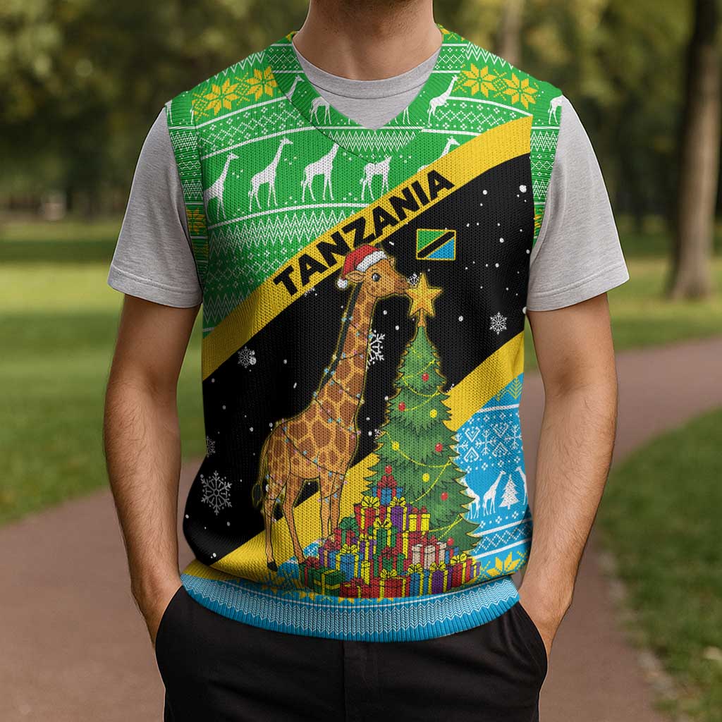 Tanzania Christmas Knitted V-Neck Vest with Giraffe Christmas Tree Snowflakes and Flag - Wonder Print Shop