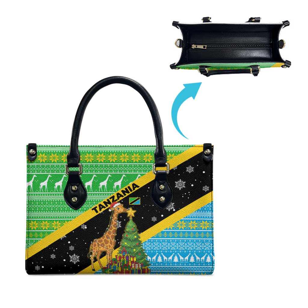 Tanzania Christmas Leather Bag with Giraffe Christmas Tree Snowflakes and Flag - Wonder Print Shop