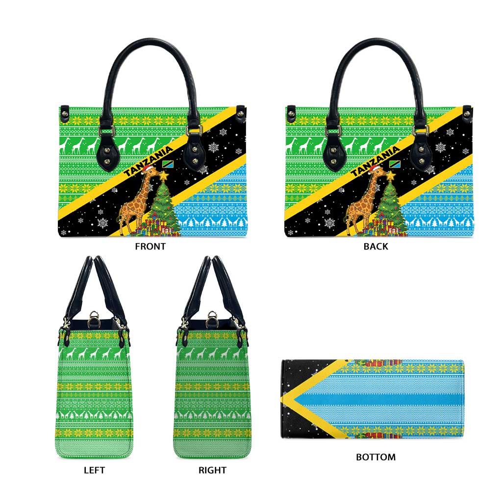Tanzania Christmas Leather Bag with Giraffe Christmas Tree Snowflakes and Flag - Wonder Print Shop