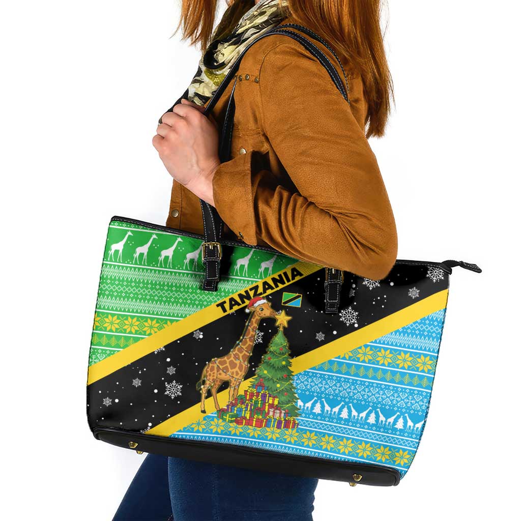 Tanzania Christmas Leather Tote Bag with Giraffe Christmas Tree Snowflakes and Flag - Wonder Print Shop