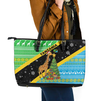 Tanzania Christmas Leather Tote Bag with Giraffe Christmas Tree Snowflakes and Flag - Wonder Print Shop