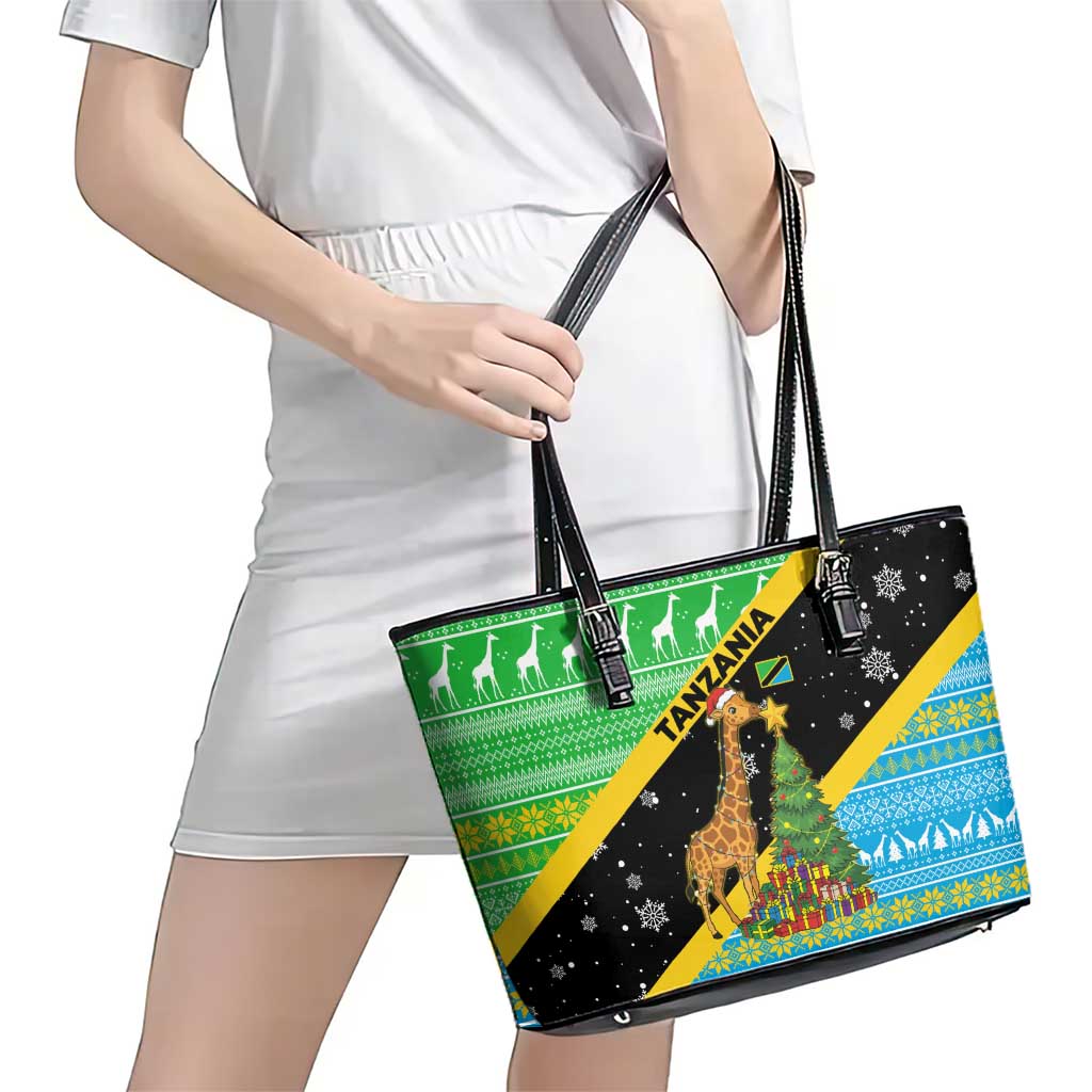Tanzania Christmas Leather Tote Bag with Giraffe Christmas Tree Snowflakes and Flag - Wonder Print Shop