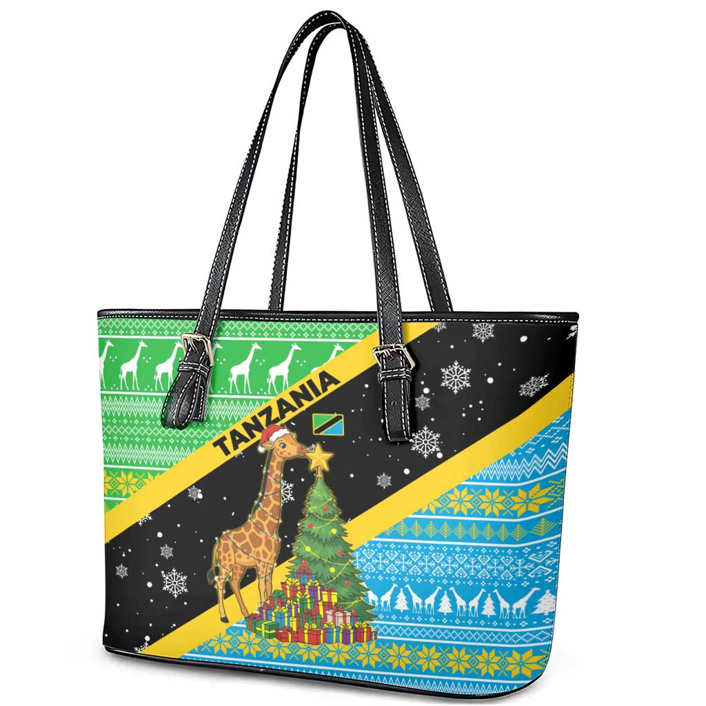 Tanzania Christmas Leather Tote Bag with Giraffe Christmas Tree Snowflakes and Flag - Wonder Print Shop
