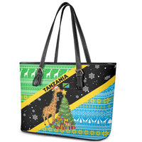 Tanzania Christmas Leather Tote Bag with Giraffe Christmas Tree Snowflakes and Flag - Wonder Print Shop