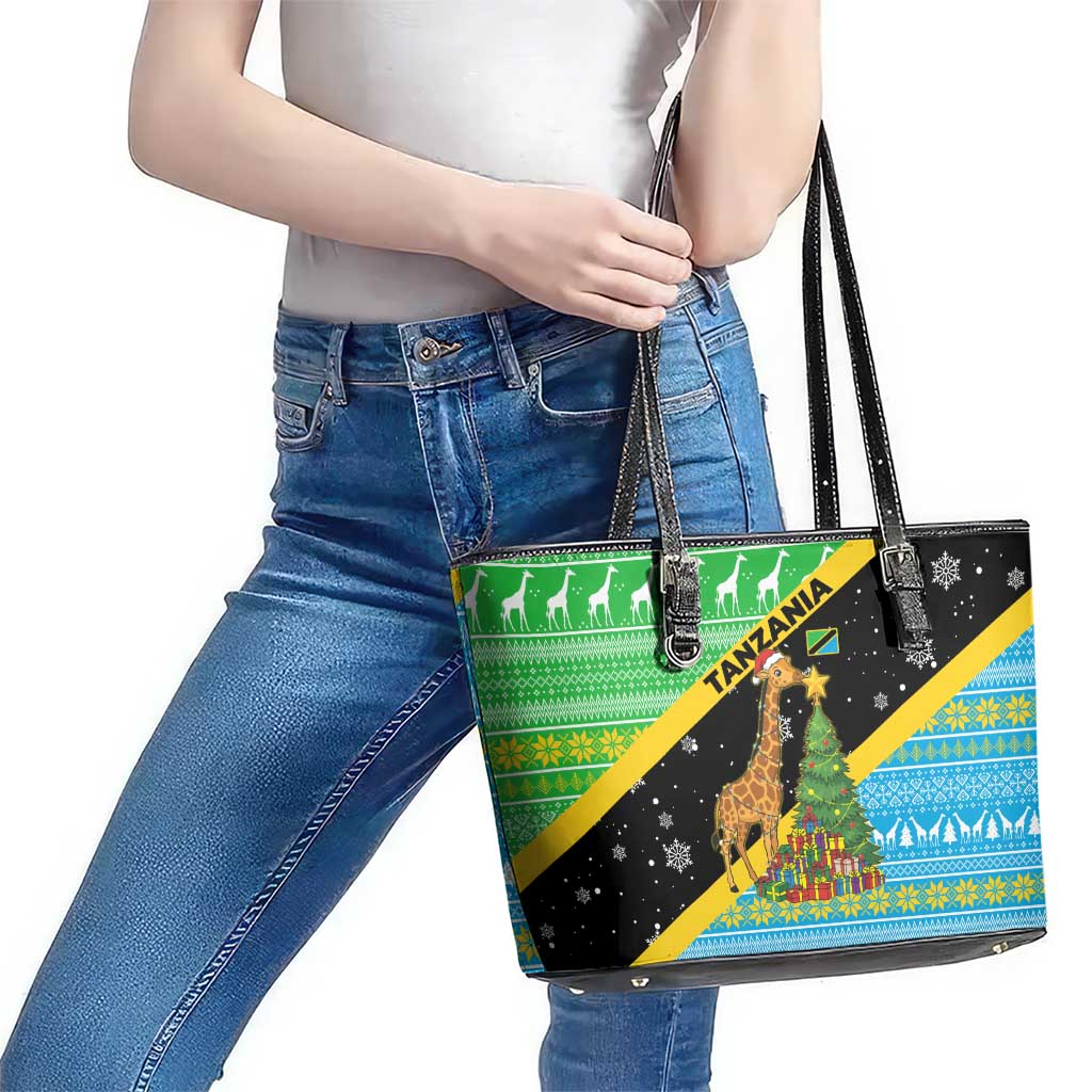 Tanzania Christmas Leather Tote Bag with Giraffe Christmas Tree Snowflakes and Flag - Wonder Print Shop