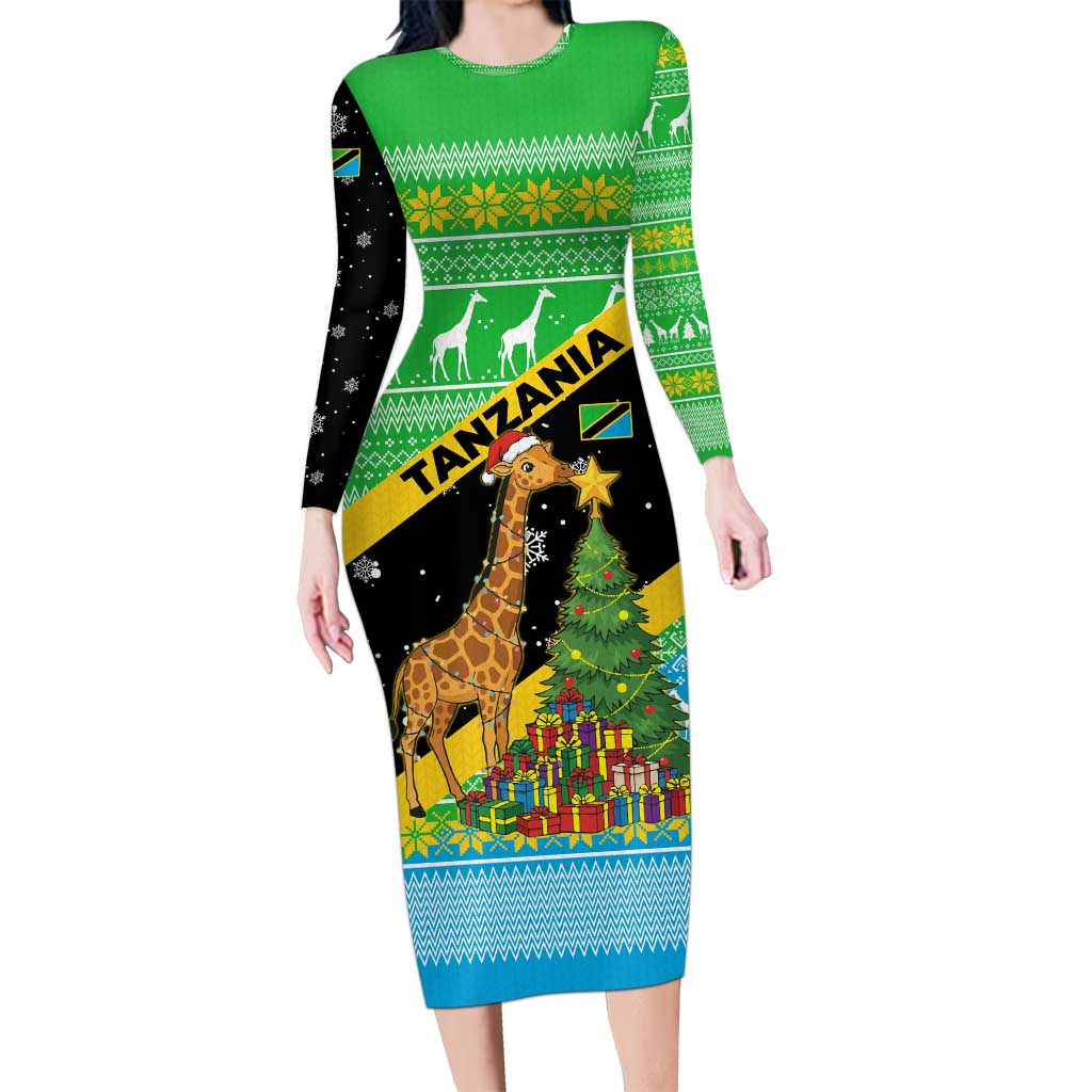 Tanzania Christmas Long Sleeve Bodycon Dress with Giraffe Christmas Tree Snowflakes and Flag - Wonder Print Shop