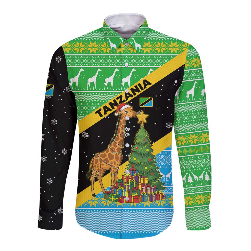 Tanzania Christmas Long Sleeve Button Shirt with Giraffe Christmas Tree Snowflakes and Flag - Wonder Print Shop