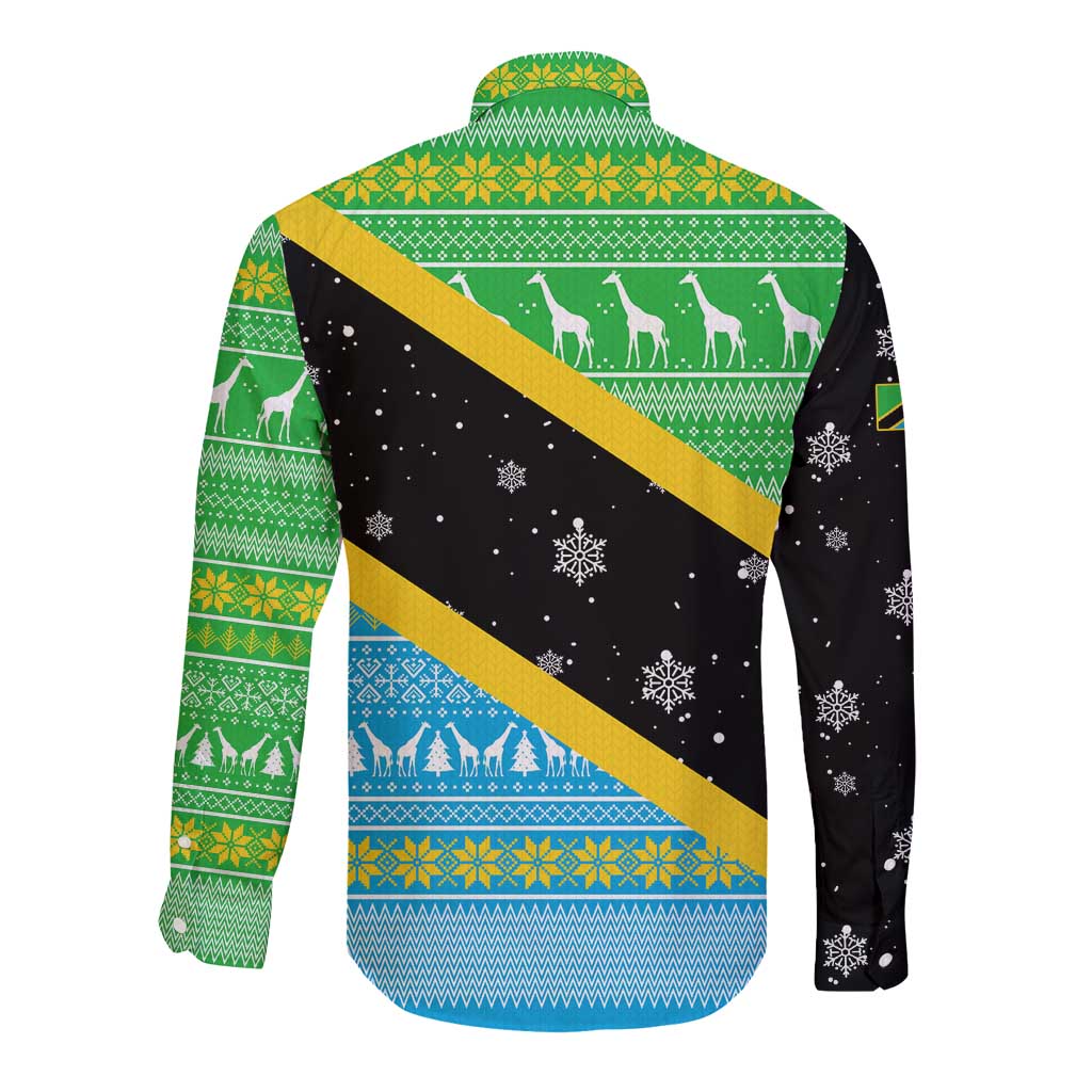 Tanzania Christmas Long Sleeve Button Shirt with Giraffe Christmas Tree Snowflakes and Flag - Wonder Print Shop
