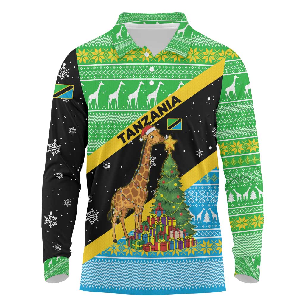 Tanzania Christmas Long Sleeve Polo Shirt with Giraffe Christmas Tree Snowflakes and Flag - Wonder Print Shop