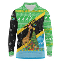 Tanzania Christmas Long Sleeve Polo Shirt with Giraffe Christmas Tree Snowflakes and Flag - Wonder Print Shop