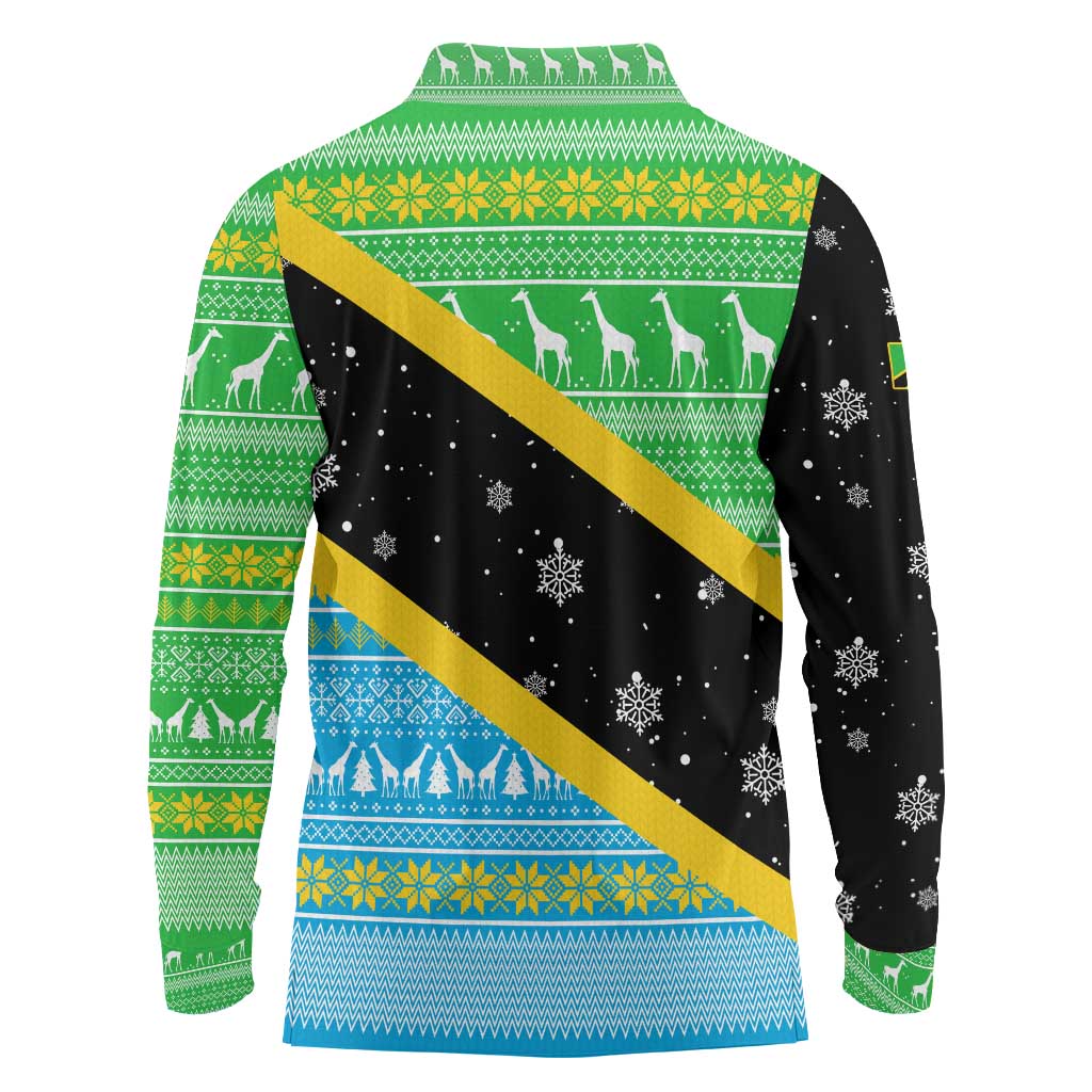 Tanzania Christmas Long Sleeve Polo Shirt with Giraffe Christmas Tree Snowflakes and Flag - Wonder Print Shop