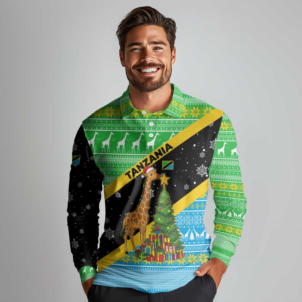 Tanzania Christmas Long Sleeve Polo Shirt with Giraffe Christmas Tree Snowflakes and Flag - Wonder Print Shop