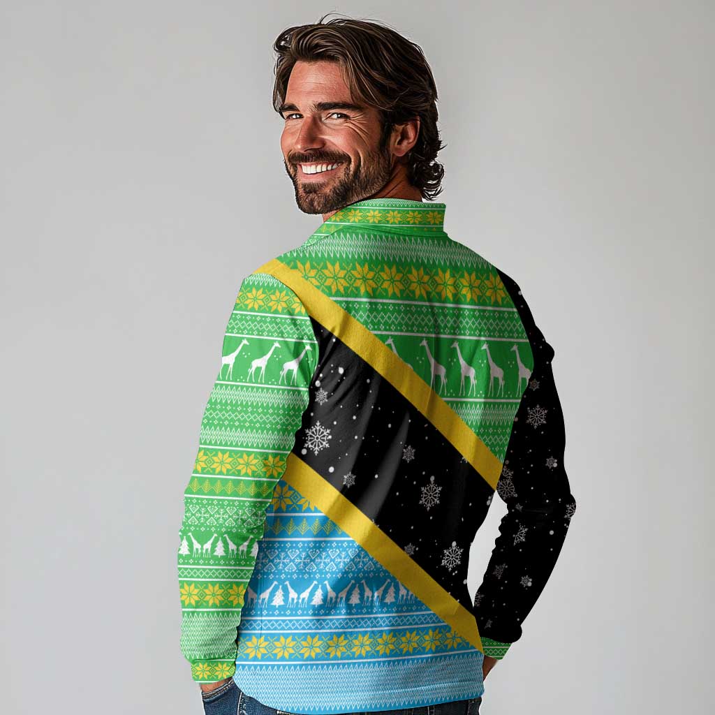 Tanzania Christmas Long Sleeve Polo Shirt with Giraffe Christmas Tree Snowflakes and Flag - Wonder Print Shop
