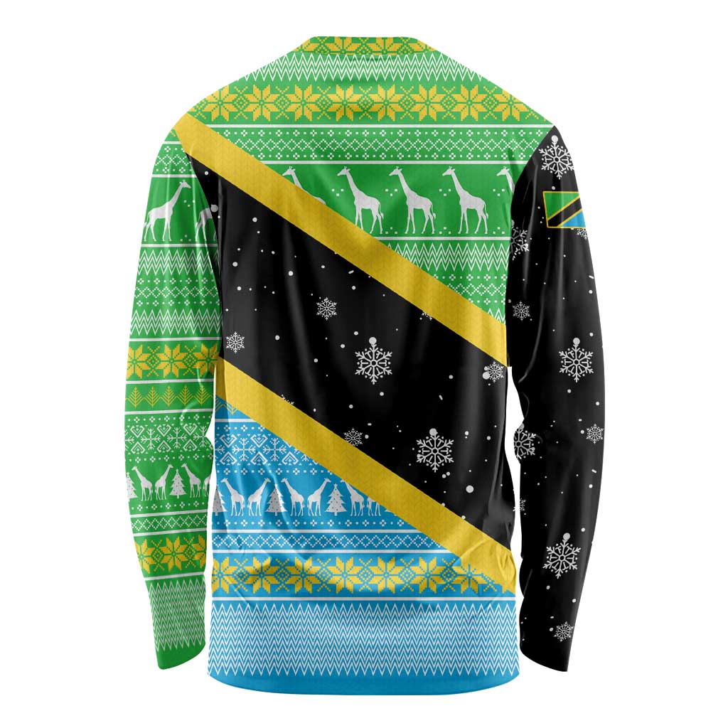 Tanzania Christmas Long Sleeve Shirt with Giraffe Christmas Tree Snowflakes and Flag - Wonder Print Shop