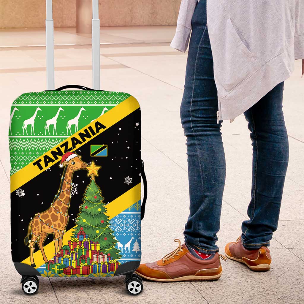 Tanzania Christmas Luggage Cover with Giraffe Christmas Tree Snowflakes and Flag - Wonder Print Shop