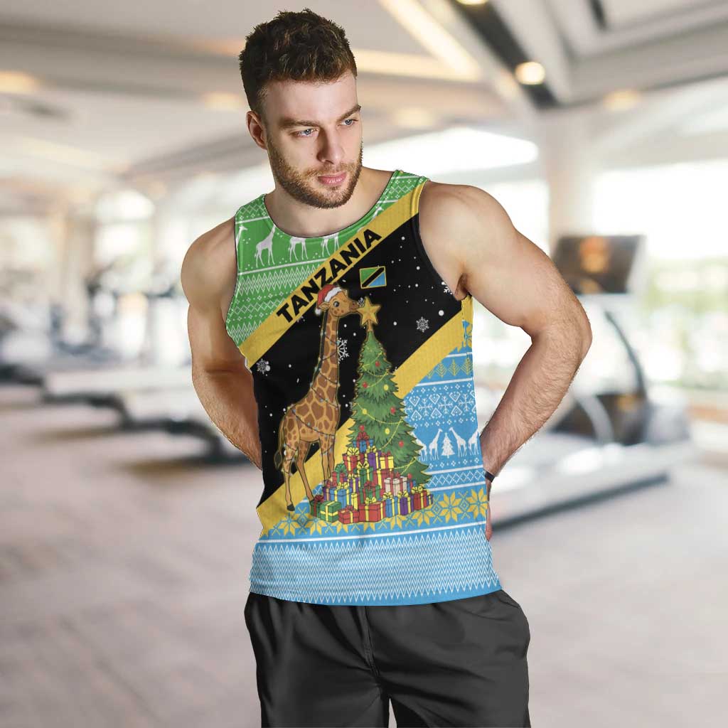Tanzania Christmas Men Tank Top with Giraffe Christmas Tree Snowflakes and Flag - Wonder Print Shop