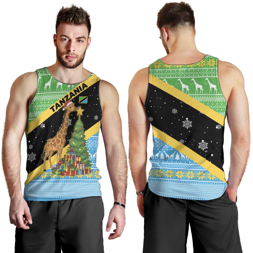 Tanzania Christmas Men Tank Top with Giraffe Christmas Tree Snowflakes and Flag - Wonder Print Shop