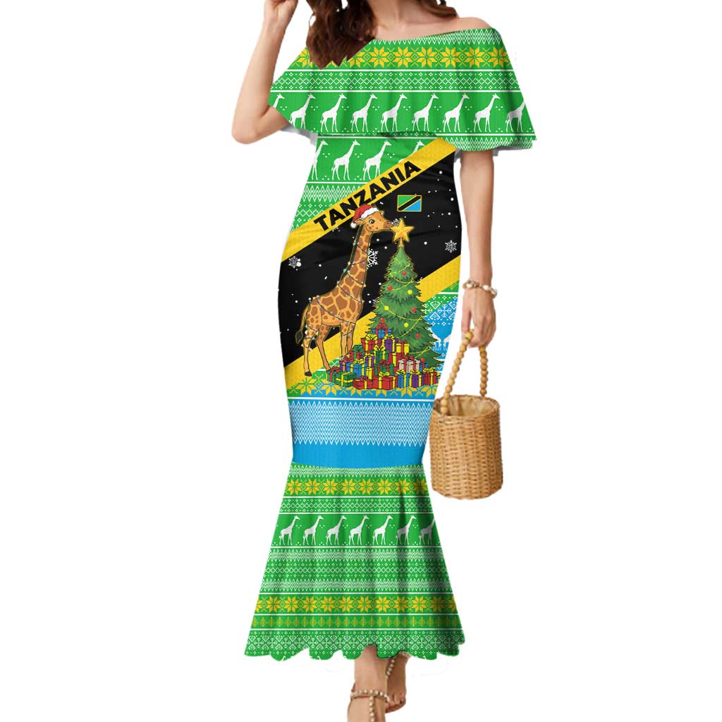Tanzania Christmas Mermaid Dress with Giraffe Christmas Tree Snowflakes and Flag - Wonder Print Shop