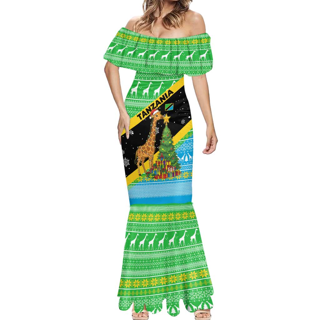 Tanzania Christmas Mermaid Dress with Giraffe Christmas Tree Snowflakes and Flag - Wonder Print Shop