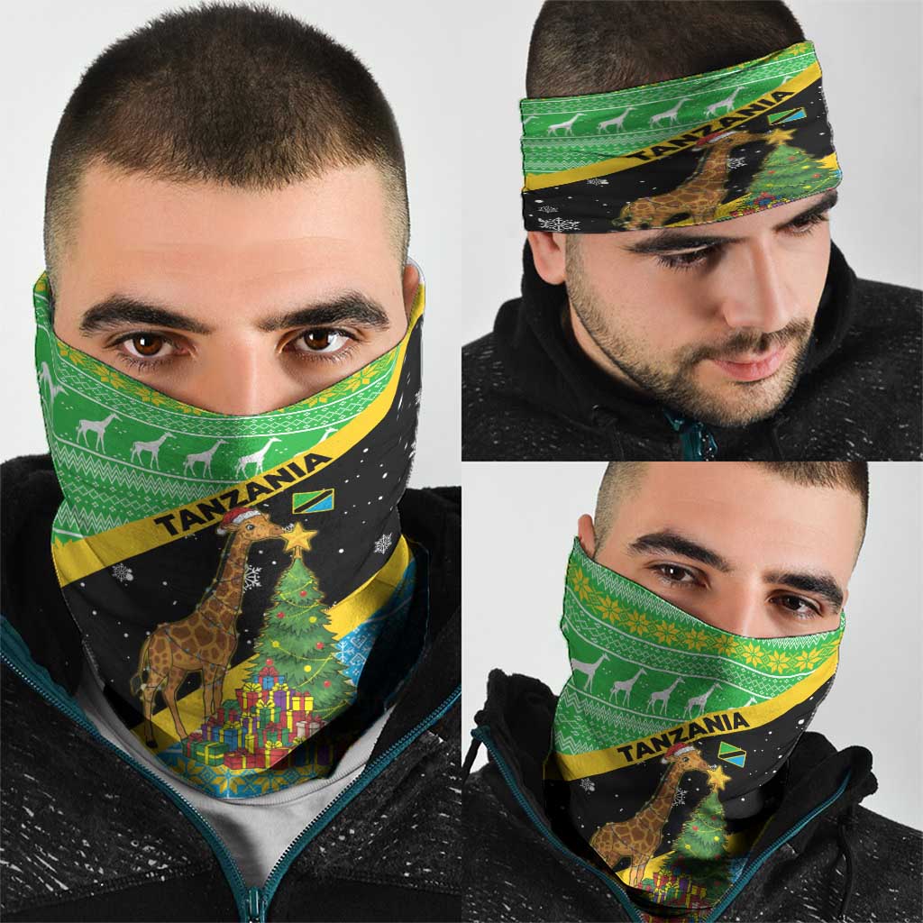 Tanzania Christmas Neck Gaiter with Giraffe Christmas Tree Snowflakes and Flag - Wonder Print Shop