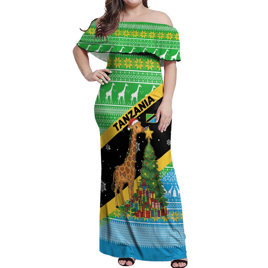 Tanzania Christmas Off Shoulder Maxi Dress with Giraffe Christmas Tree Snowflakes and Flag - Wonder Print Shop