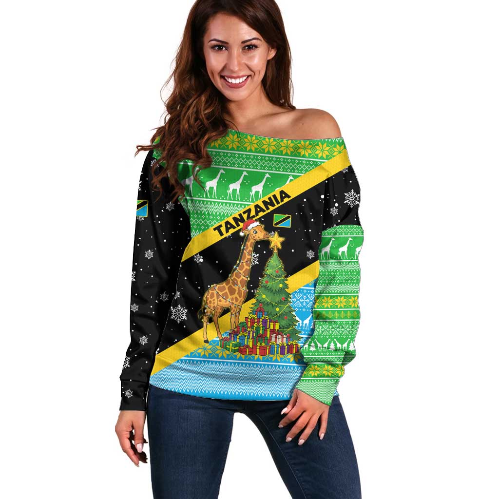 Tanzania Christmas Off Shoulder Sweater with Giraffe Christmas Tree Snowflakes and Flag - Wonder Print Shop