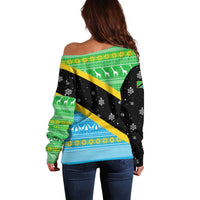 Tanzania Christmas Off Shoulder Sweater with Giraffe Christmas Tree Snowflakes and Flag - Wonder Print Shop