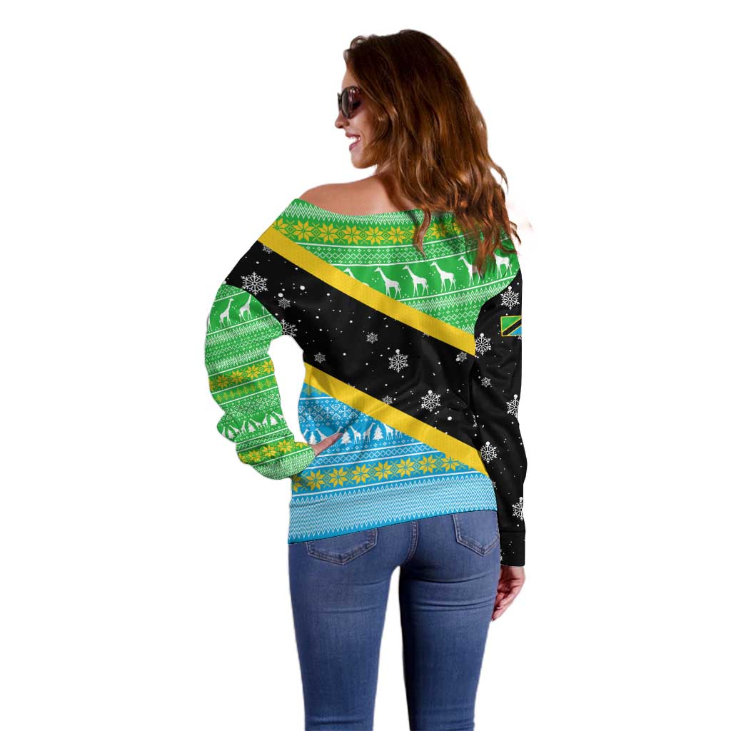 Tanzania Christmas Off Shoulder Sweater with Giraffe Christmas Tree Snowflakes and Flag - Wonder Print Shop