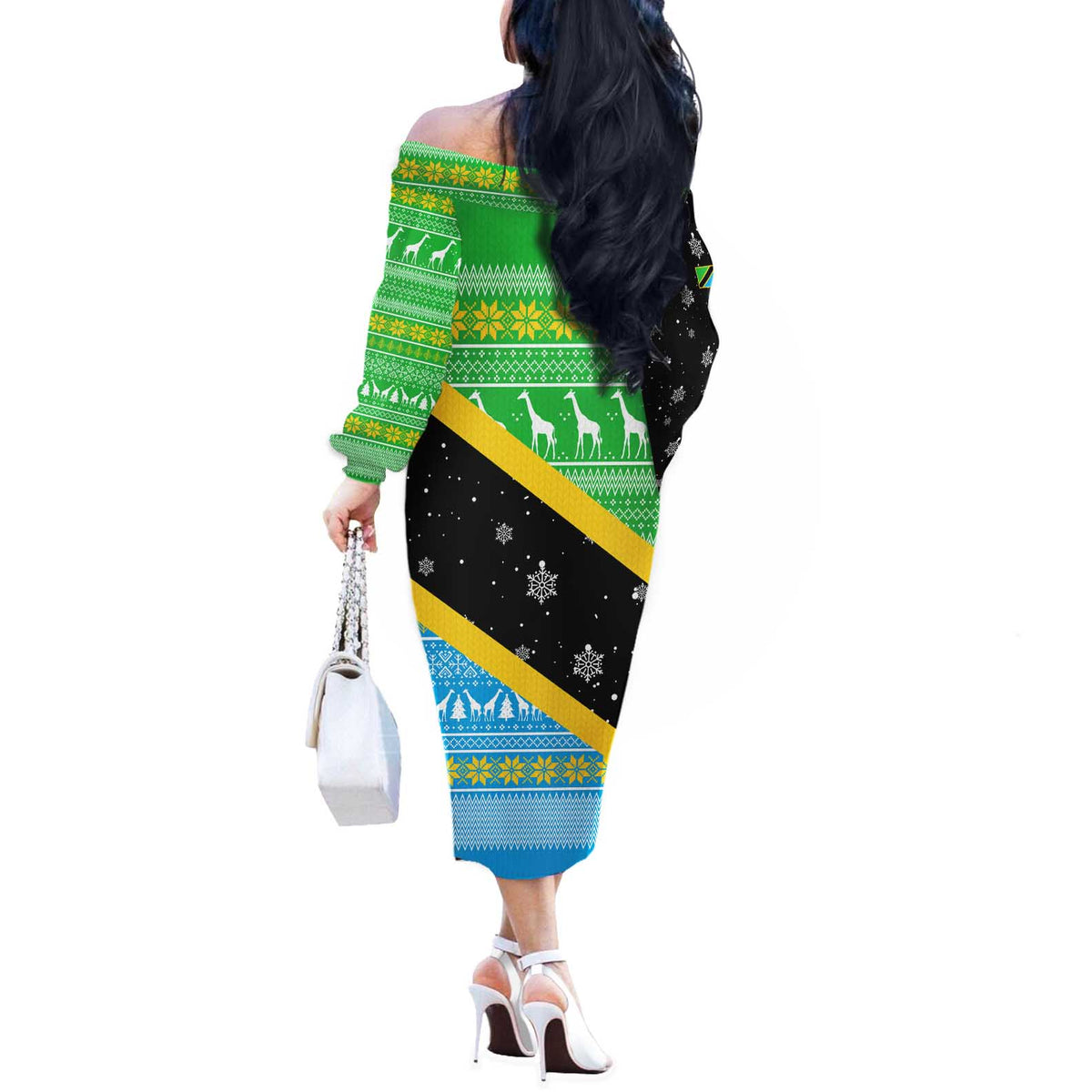 Tanzania Christmas Off The Shoulder Long Sleeve Dress with Giraffe Christmas Tree Snowflakes and Flag - Wonder Print Shop
