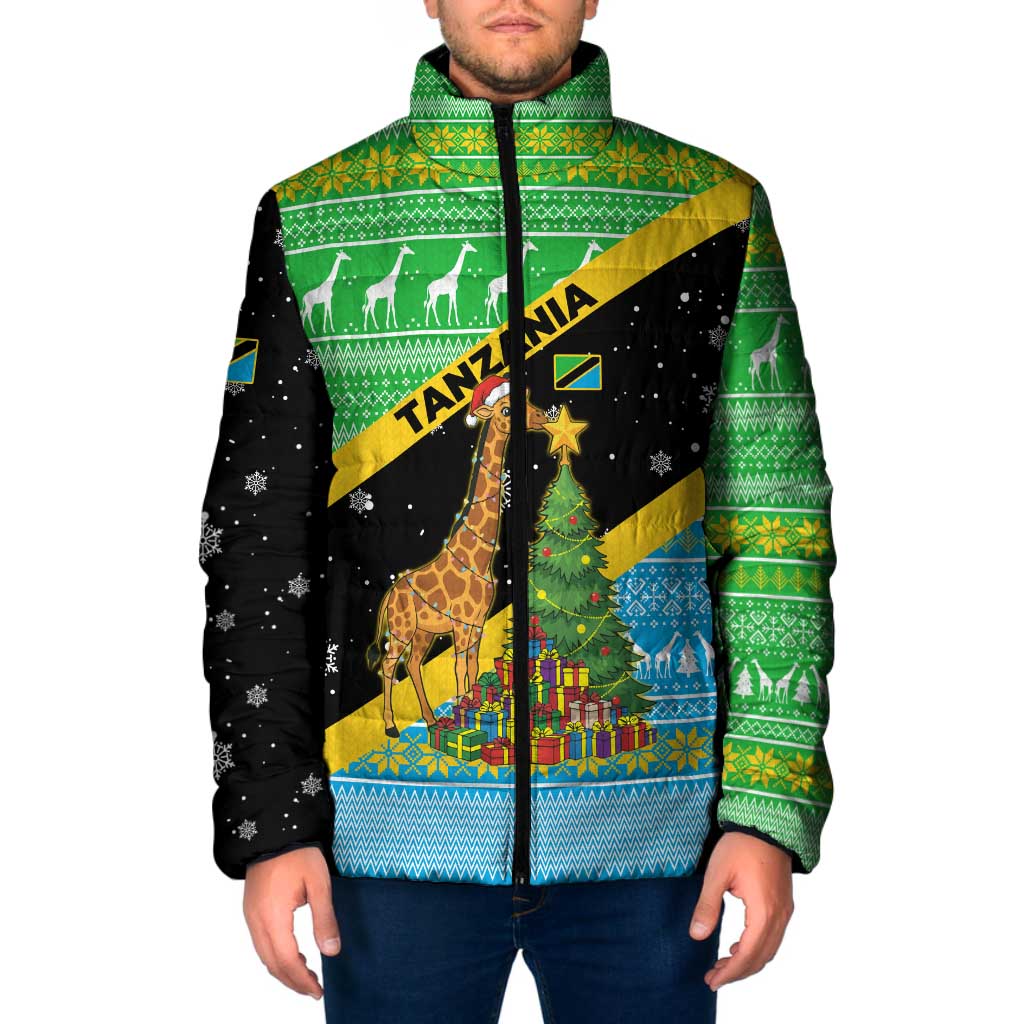 Tanzania Christmas Padded Jacket with Giraffe Christmas Tree Snowflakes and Flag - Wonder Print Shop