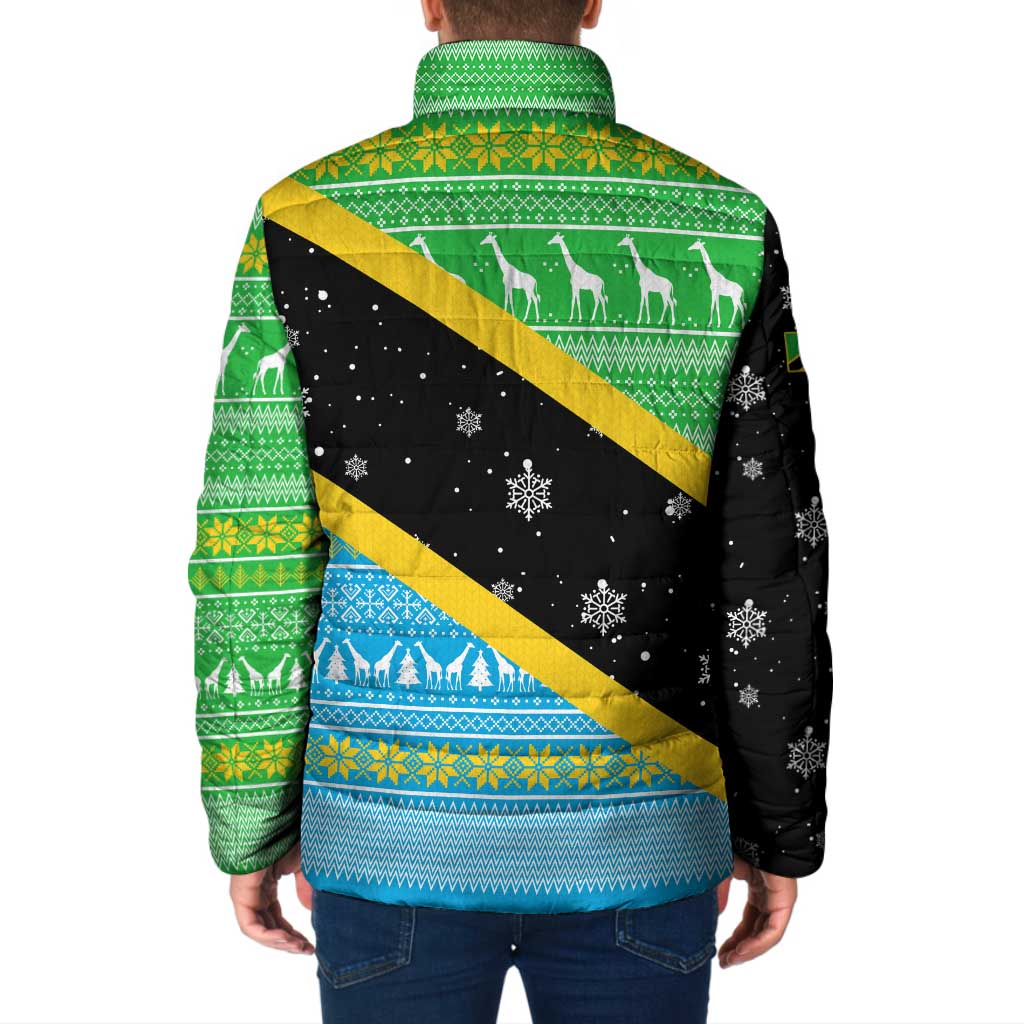 Tanzania Christmas Padded Jacket with Giraffe Christmas Tree Snowflakes and Flag - Wonder Print Shop