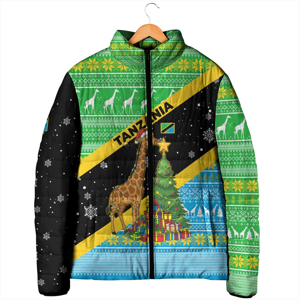 Tanzania Christmas Padded Jacket with Giraffe Christmas Tree Snowflakes and Flag - Wonder Print Shop