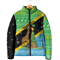 Tanzania Christmas Padded Jacket with Giraffe Christmas Tree Snowflakes and Flag - Wonder Print Shop