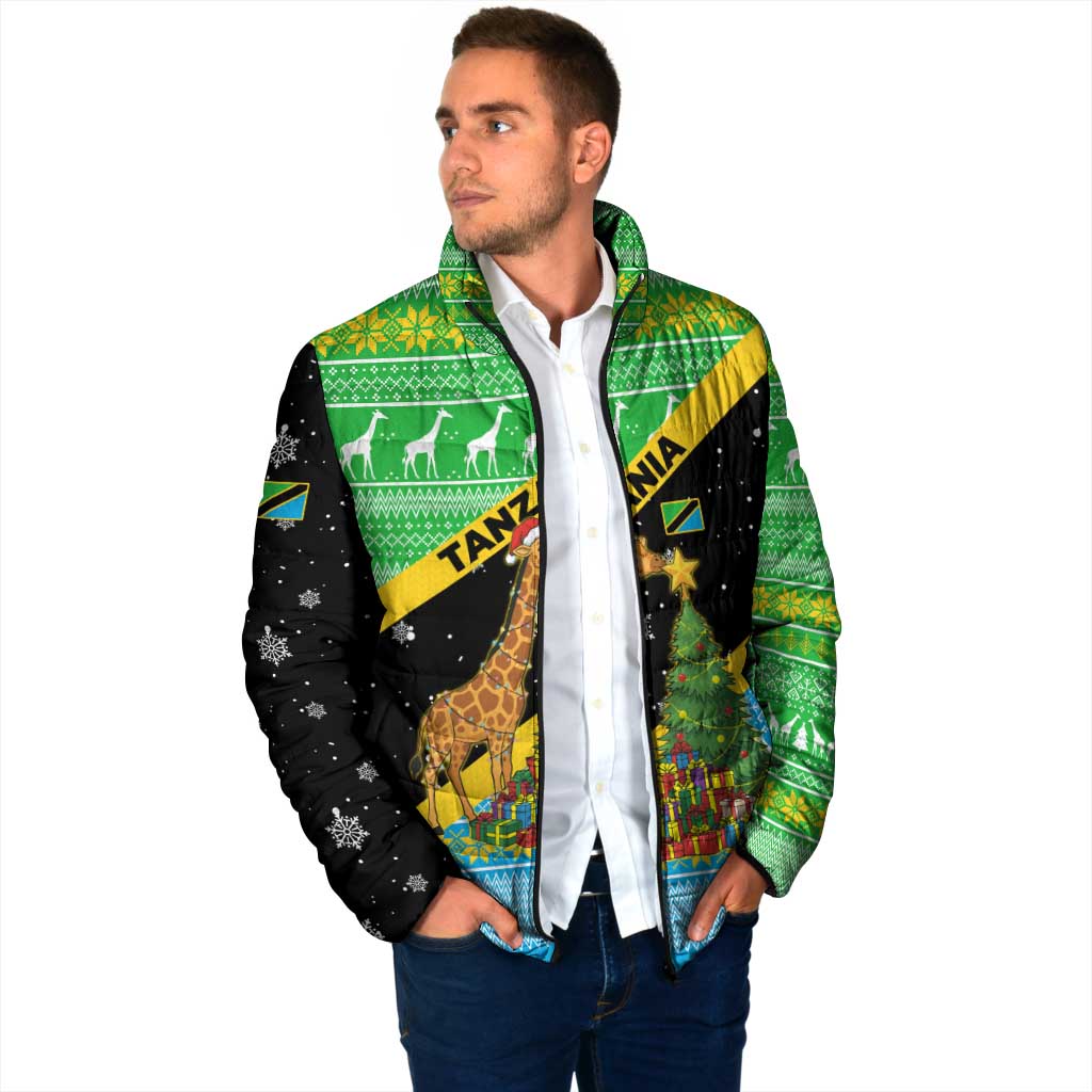Tanzania Christmas Padded Jacket with Giraffe Christmas Tree Snowflakes and Flag - Wonder Print Shop