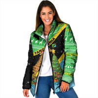 Tanzania Christmas Padded Jacket with Giraffe Christmas Tree Snowflakes and Flag - Wonder Print Shop