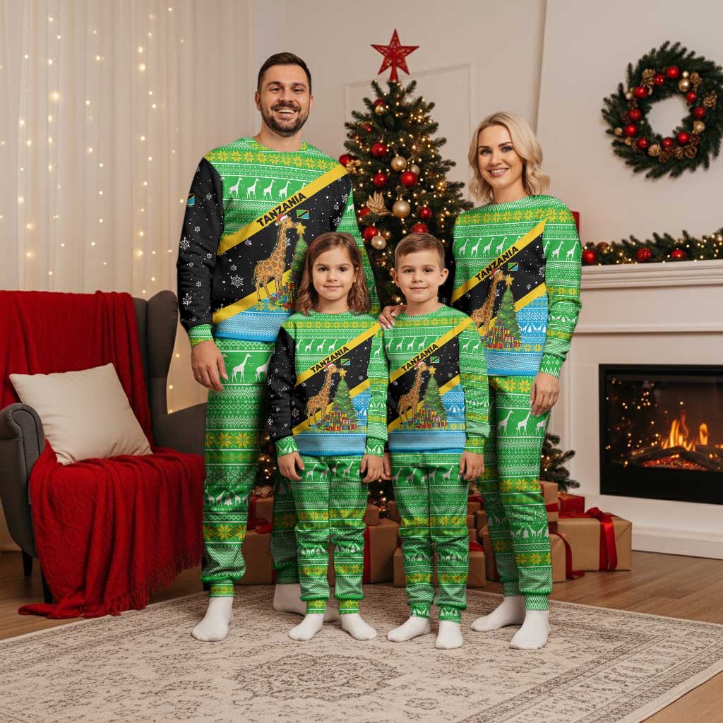 Tanzania Christmas Pajama Set with Giraffe Christmas Tree Snowflakes and Flag - Wonder Print Shop