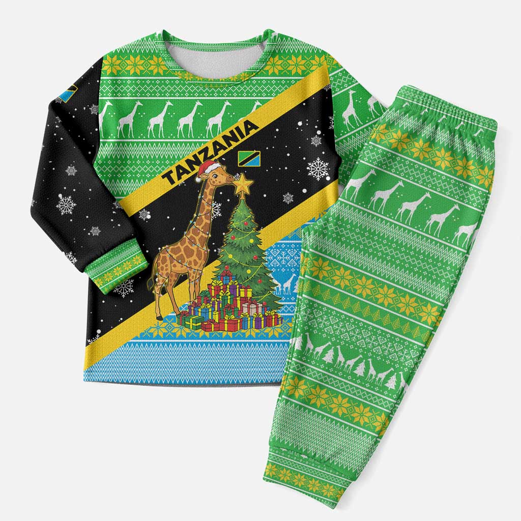 Tanzania Christmas Pajama Set with Giraffe Christmas Tree Snowflakes and Flag - Wonder Print Shop