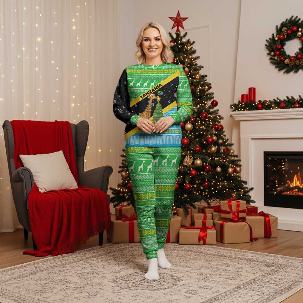 Tanzania Christmas Pajama Set with Giraffe Christmas Tree Snowflakes and Flag - Wonder Print Shop
