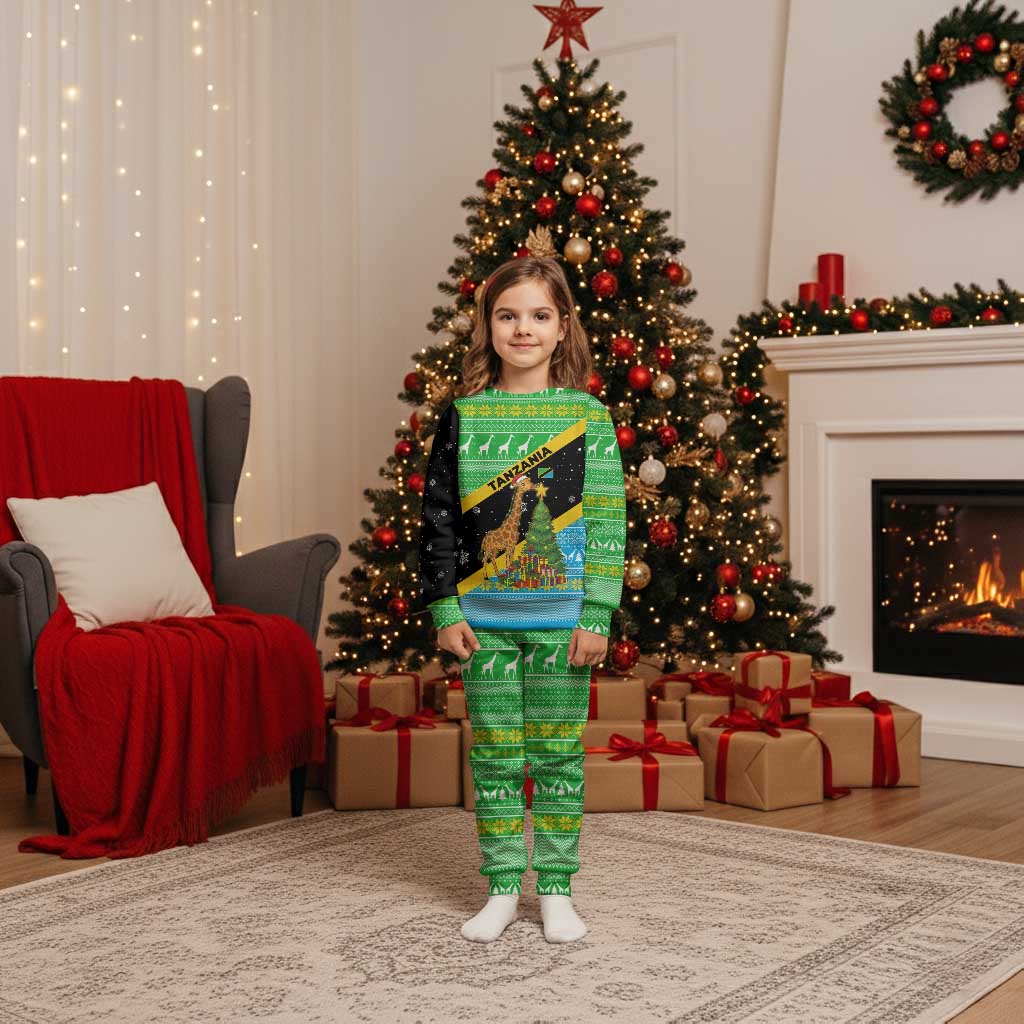 Tanzania Christmas Pajama Set with Giraffe Christmas Tree Snowflakes and Flag - Wonder Print Shop