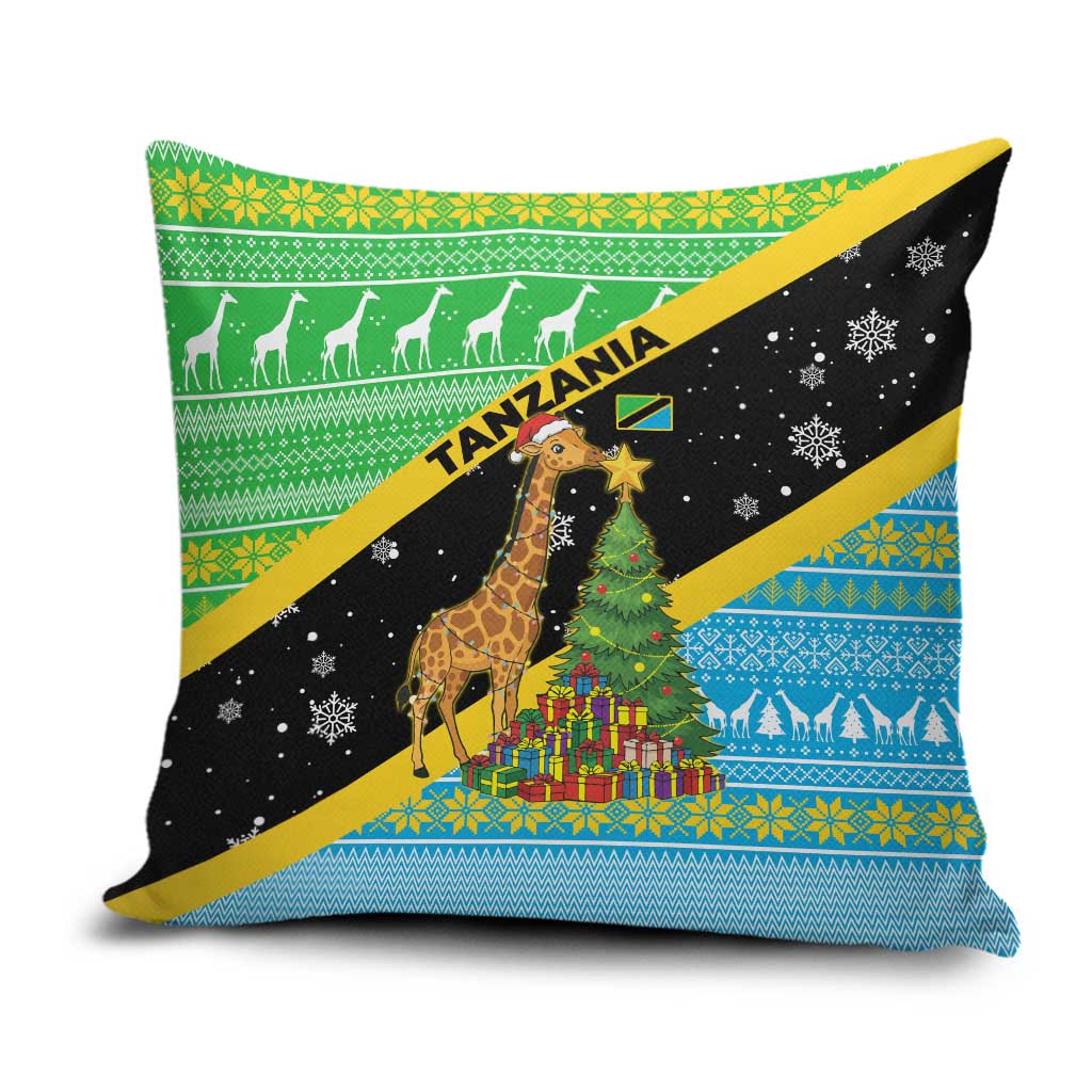 Tanzania Christmas Pillow Cover with Giraffe Christmas Tree Snowflakes and Flag - Wonder Print Shop
